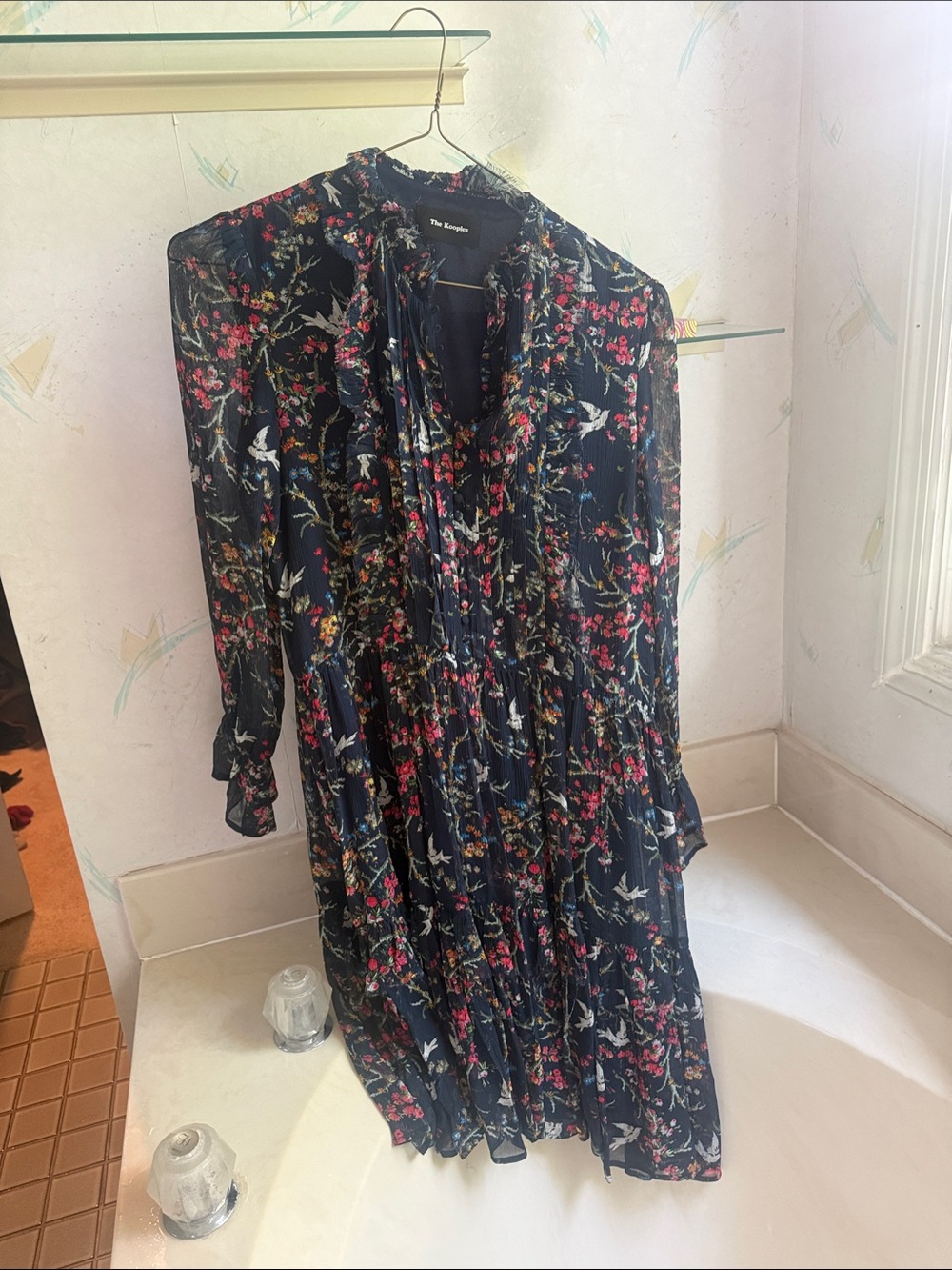 The Kooples Navy Floral Long Sleeve Tiered Midi Dress Size Medium $75